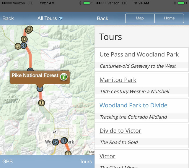 iPhone screenshots of Pikes Peak Colorado area driving tour app.